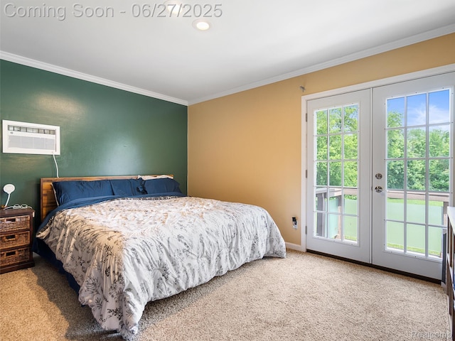 11474 Clairmont Dr, Fenton, MI 48430 - bedroom featuring a wall unit AC, access to exterior, ornamental molding, carpet flooring, and french doors