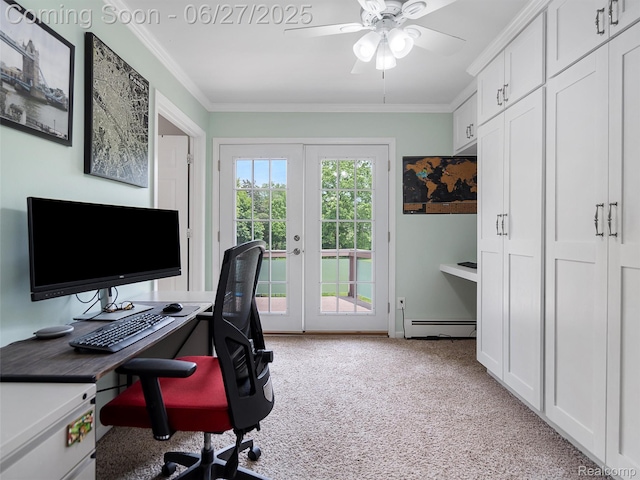 11474 Clairmont Dr, Fenton, MI 48430 - office space featuring light colored carpet, french doors, a ceiling fan, ornamental molding, and a baseboard heating unit