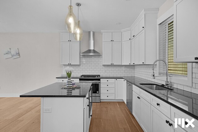 627 Fairview Ave NE Unit 2, Grand Rapids, MI 49503 - kitchen featuring wall chimney exhaust hood, appliances with stainless steel finishes, a sink, light wood-style flooring, and tasteful backsplash