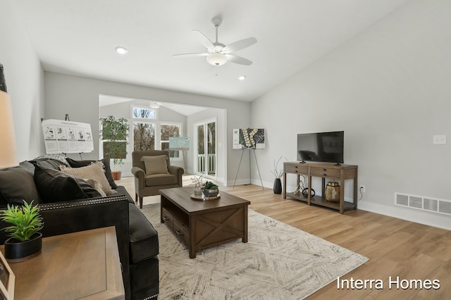 345 Hickory Valley Dr, Kalamazoo, MI 49009 - living area with a ceiling fan, lofted ceiling, wood finished floors, baseboards, and recessed lighting