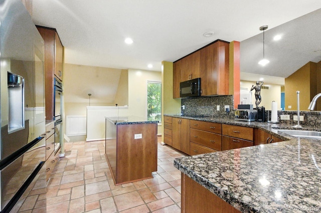 3680 Miller Rd, Ann Arbor, MI 48103 - kitchen featuring black appliances, brown cabinetry, a center island, dark stone counters, and recessed lighting