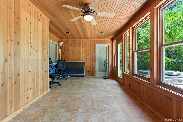 3680 Miller Rd, Ann Arbor, MI 48103 - unfurnished office with wood ceiling, wooden walls, light tile patterned flooring, and a ceiling fan
