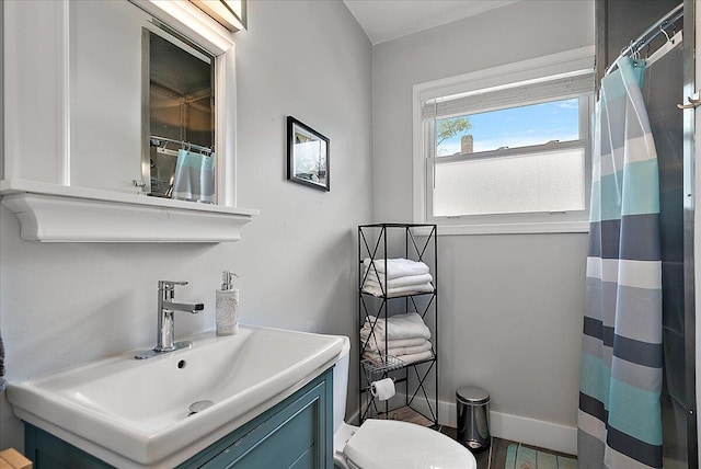 4940 Pottawatamie Path, Watervliet, MI 49098 - bathroom featuring toilet, vanity, baseboards, a shower with curtain, and wood finished floors