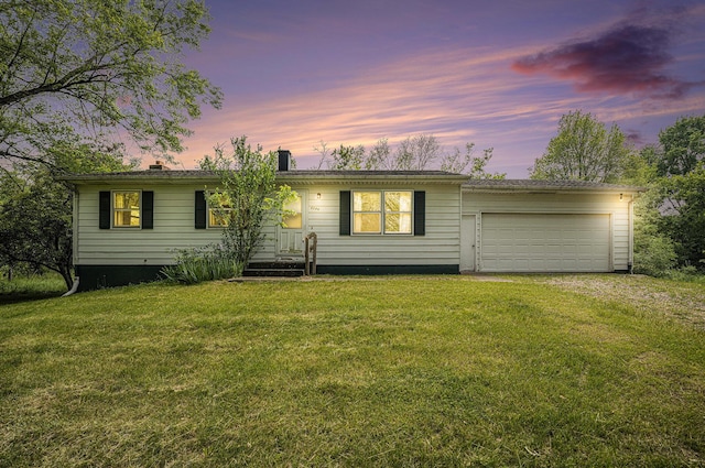 6390 Celery St, Kalamazoo, MI 49048 - ranch-style home featuring driveway, a front yard, an attached garage, and a chimney