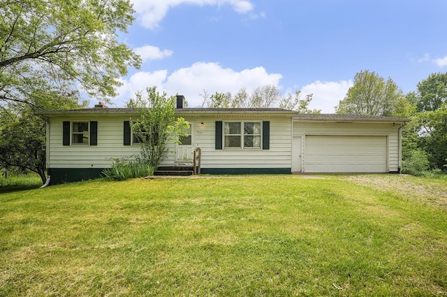 6390 Celery St, Kalamazoo, MI 49048 - ranch-style house with dirt driveway, a front lawn, a garage, and a chimney