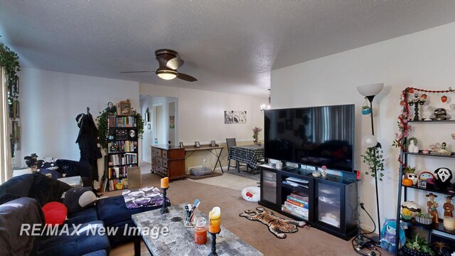 3257 N Christy Way, Saginaw, MI 48603 - living area featuring a ceiling fan, a textured ceiling, and carpet
