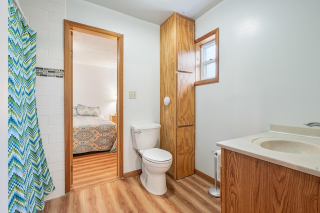 20550 19 Mile Rd, Big Rapids, MI 49307 - ensuite bathroom with toilet, wood finished floors, vanity, a shower with shower curtain, and baseboards