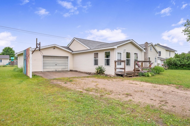 20550 19 Mile Rd, Big Rapids, MI 49307 - ranch-style house featuring dirt driveway, a garage, a wooden deck, a front lawn, and roof with shingles