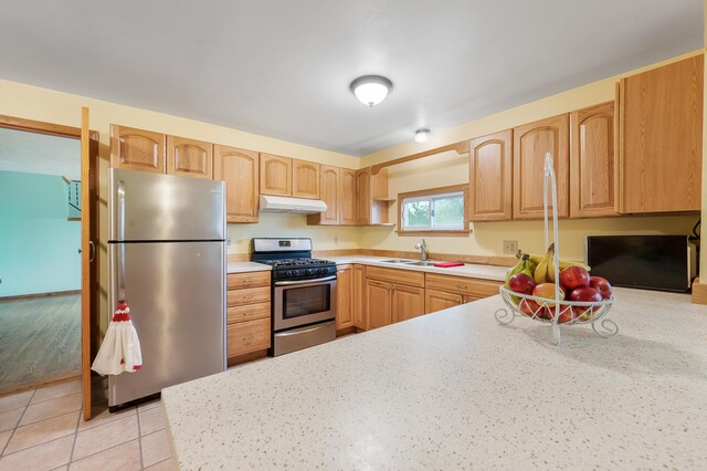 20550 19 Mile Rd, Big Rapids, MI 49307 - kitchen with appliances with stainless steel finishes, under cabinet range hood, a sink, light tile patterned flooring, and light brown cabinetry