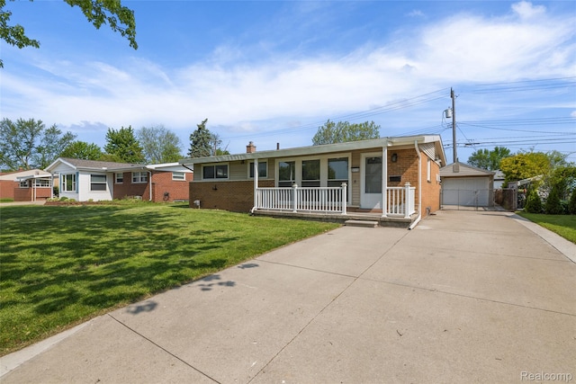 5115 Arden Ave, Warren, MI 48092 - ranch-style home featuring a porch, brick siding, a front yard, a detached garage, and a chimney