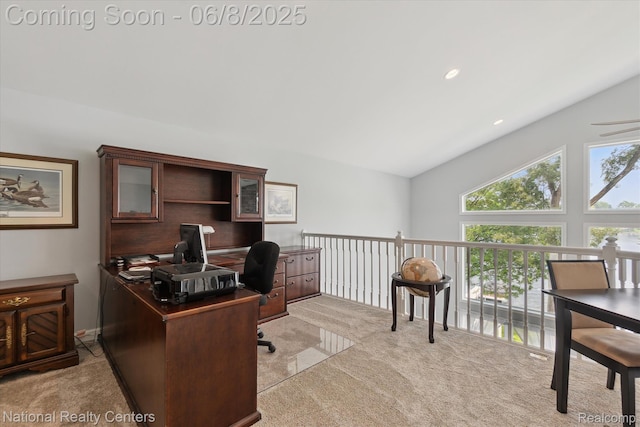6130 Bullard Rd, Fenton, MI 48430 - office area with light colored carpet, vaulted ceiling, and a ceiling fan