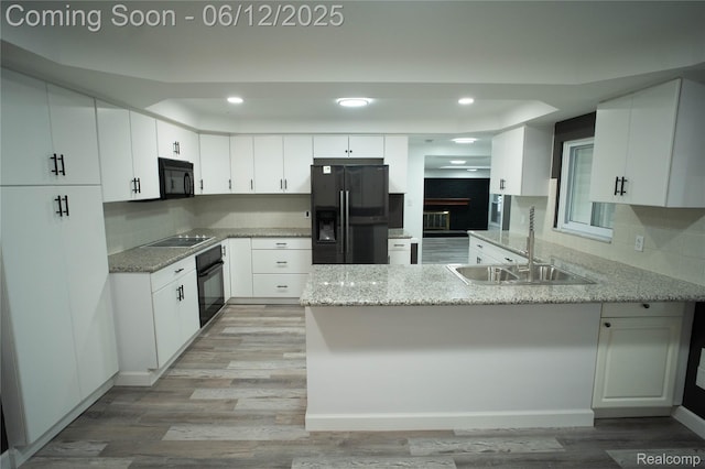 626 Wilwood Rd, Rochester Hills, MI 48309 - kitchen with black appliances, a sink, a peninsula, light wood-style flooring, and light stone counters