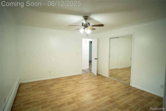 626 Wilwood Rd, Rochester Hills, MI 48309 - unfurnished bedroom with a baseboard radiator, light wood-style flooring, baseboards, a closet, and ceiling fan