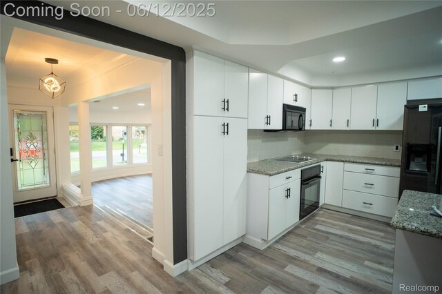 626 Wilwood Rd, Rochester Hills, MI 48309 - kitchen with black appliances, light wood-type flooring, light stone counters, white cabinets, and tasteful backsplash