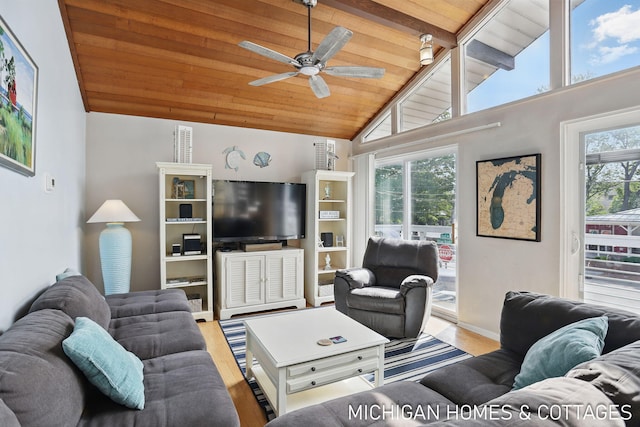 2259 Ottawa Beach Rd, Holland, MI 49424 - living room featuring wood ceiling with exposed beams, wood finished floors, plenty of natural light, a ceiling fan, and high vaulted ceiling