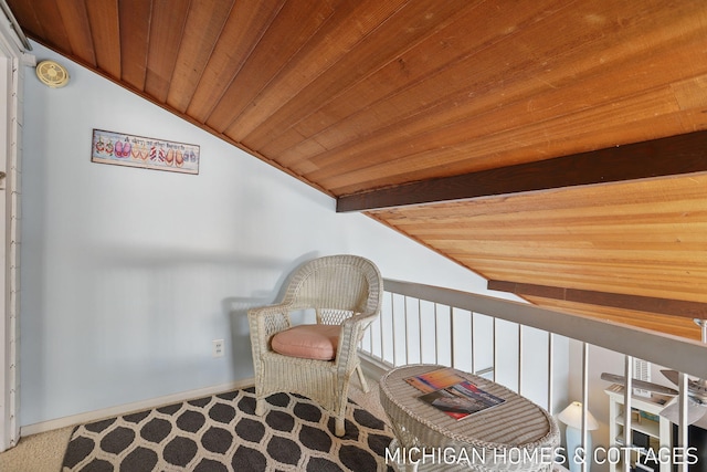 2259 Ottawa Beach Rd, Holland, MI 49424 - sitting room featuring wooden ceiling, carpet flooring, and baseboards