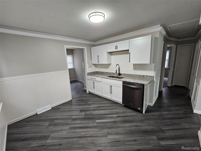 21222 Audrey Ave, Sterling Heights, MI 48091 - kitchen featuring stainless steel dishwasher, white cabinets, dark wood-style floors, ornamental molding, and a wainscoted wall