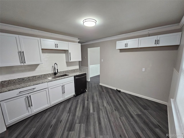 21222 Audrey Ave, Sterling Heights, MI 48091 - kitchen featuring black dishwasher, dark wood-style floors, crown molding, white cabinets, and tasteful backsplash