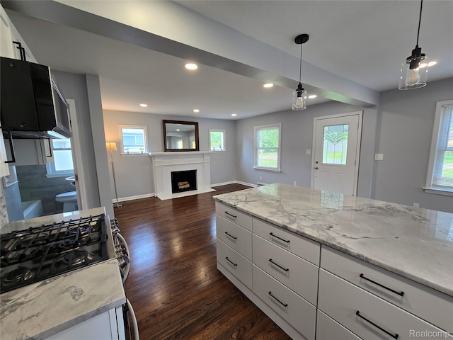 13965 Norborne, Redford, MI 48239 - kitchen with white cabinets, dark wood-style flooring, a fireplace, recessed lighting, and light stone counters