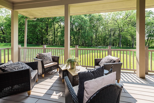 4297 Upper Glade Ct, Ann Arbor, MI 48103 - wooden deck with an outdoor living space, a yard, and view of scattered trees