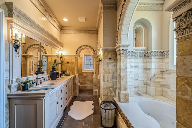 4297 Upper Glade Ct, Ann Arbor, MI 48103 - full bath featuring a whirlpool tub, wainscoting, double vanity, crown molding, and tiled shower