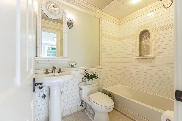 4297 Upper Glade Ct, Ann Arbor, MI 48103 - full bathroom with toilet, tile patterned floors, tile walls, ornamental molding, and a sink