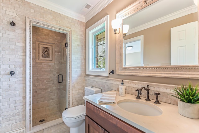 4297 Upper Glade Ct, Ann Arbor, MI 48103 - bathroom with crown molding, vanity, toilet, a shower stall, and tile walls