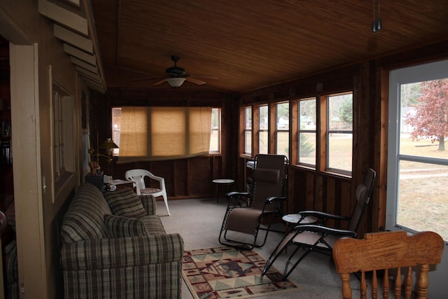 94 E Cherry Creek Rd, Mio, MI 48647 - sunroom with wooden walls, carpet floors, wood ceiling, and vaulted ceiling