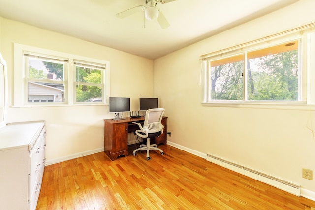 1110 Piccadilly Rd, Kalamazoo, MI 49006 - home office featuring baseboard heating, light wood-type flooring, baseboards, and ceiling fan