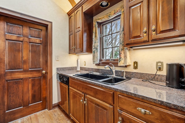 6242 131st Ave, Saugatuck, MI 49453 - kitchen featuring a sink, dishwasher, light wood-style floors, and dark stone counters