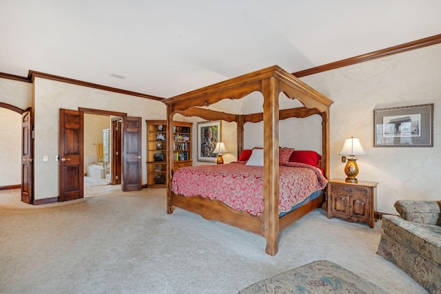 6242 131st Ave, Saugatuck, MI 49453 - bedroom featuring crown molding, carpet, baseboards, and connected bathroom