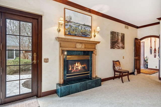 6242 131st Ave, Saugatuck, MI 49453 - living area with carpet, ornamental molding, plenty of natural light, and baseboards