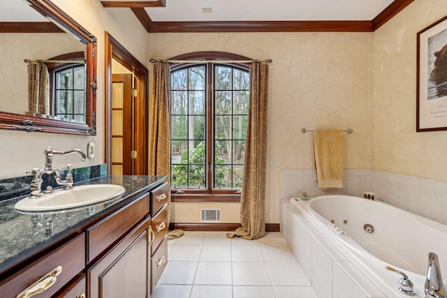 6242 131st Ave, Saugatuck, MI 49453 - full bathroom with a tub with jets, vanity, crown molding, plenty of natural light, and tile patterned floors