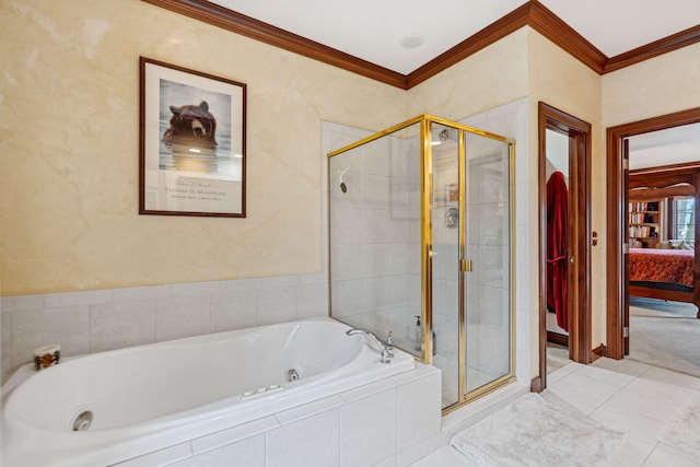 6242 131st Ave, Saugatuck, MI 49453 - bathroom featuring ensuite bathroom, a whirlpool tub, a shower stall, ornamental molding, and tile patterned flooring