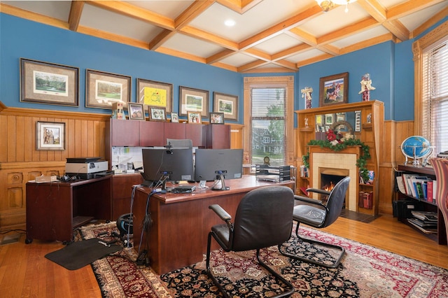 318 Houston Ave, Muskegon, MI 49441 - office area featuring wood finished floors, coffered ceiling, beam ceiling, wainscoting, and a fireplace with flush hearth