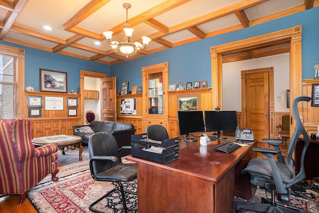 318 Houston Ave, Muskegon, MI 49441 - home office with coffered ceiling, a chandelier, wainscoting, beamed ceiling, and wood finished floors