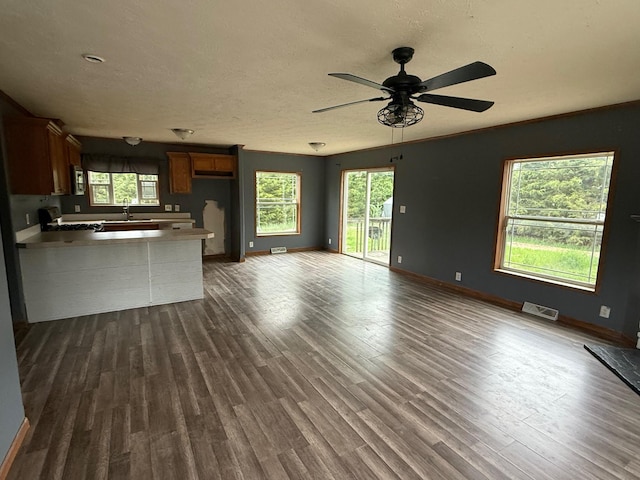 212 Cass St, Mio, MI 48647 - kitchen with a peninsula, open floor plan, a sink, dark wood-style floors, and a ceiling fan