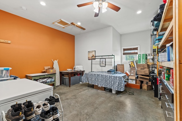 2980 N Old State Rd, Weidman, MI 48893 - bedroom featuring recessed lighting, attic access, concrete flooring, and a ceiling fan