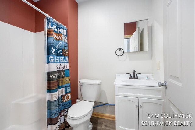 1034 Thompson St SW, Stanton, MI 48888 - full bathroom featuring vanity, toilet, wood finished floors, and a shower with curtain