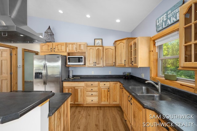 1034 Thompson St SW, Stanton, MI 48888 - kitchen with wall chimney range hood, stainless steel fridge, built in microwave, vaulted ceiling, and a sink