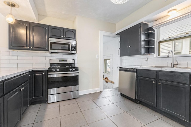 1032 Lafayette Ave NE, Grand Rapids, MI 49503 - kitchen featuring stainless steel appliances, a sink, backsplash, light tile patterned floors, and open shelves