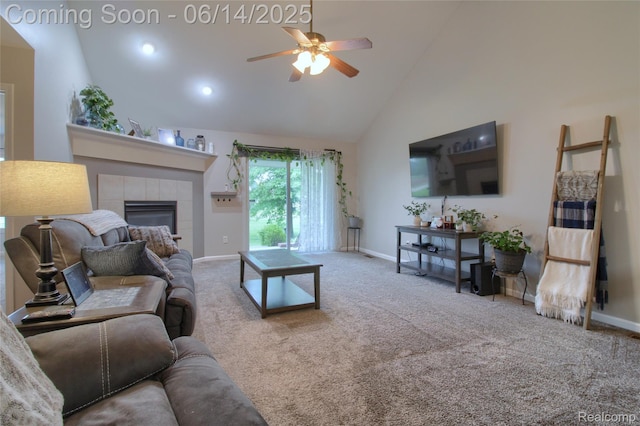 31626 Beaver Cir, New Boston, MI 48164 - living room featuring high vaulted ceiling, a ceiling fan, a tile fireplace, and carpet floors