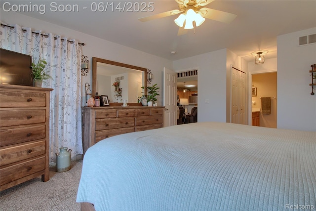 31626 Beaver Cir, New Boston, MI 48164 - bedroom featuring carpet floors, ensuite bathroom, and ceiling fan