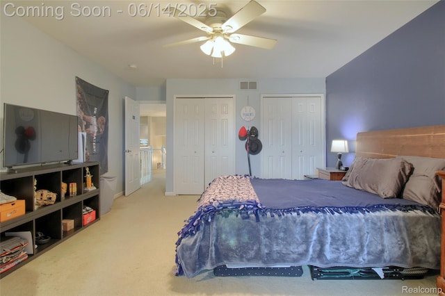 31626 Beaver Cir, New Boston, MI 48164 - carpeted bedroom featuring two closets and a ceiling fan