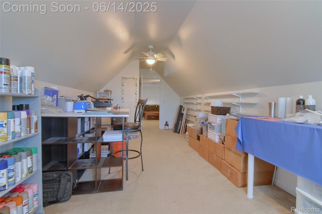 31626 Beaver Cir, New Boston, MI 48164 - carpeted home office featuring vaulted ceiling and a ceiling fan