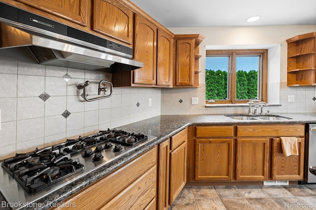26569 Autumn Lake Dr, Chesterfield, MI 48051 - kitchen featuring under cabinet range hood, open shelves, stainless steel appliances, a sink, and brown cabinetry