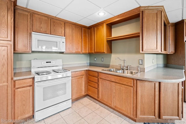 26569 Autumn Lake Dr, Chesterfield, MI 48051 - kitchen featuring white appliances, a sink, open shelves, light tile patterned flooring, and light countertops