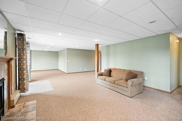 26569 Autumn Lake Dr, Chesterfield, MI 48051 - carpeted living area featuring a drop ceiling, baseboards, a fireplace, and recessed lighting