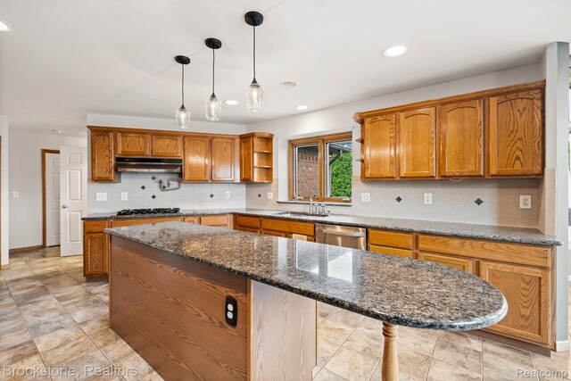 26569 Autumn Lake Dr, Chesterfield, MI 48051 - kitchen with dishwasher, range hood, a sink, brown cabinets, and decorative backsplash