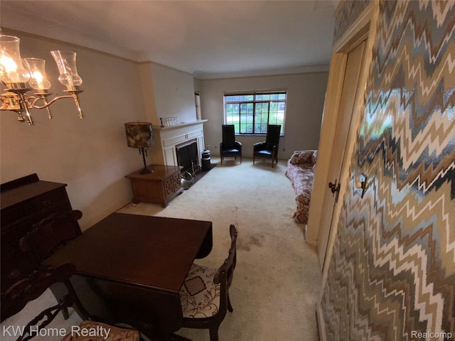 27943 Sunset Blvd W, Lathrup Village, MI 48076 - carpeted living room featuring a chandelier, a fireplace, and crown molding